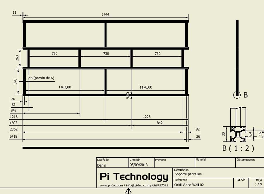 Plano estructura perfileria aluminio soporte videowall Orkli
